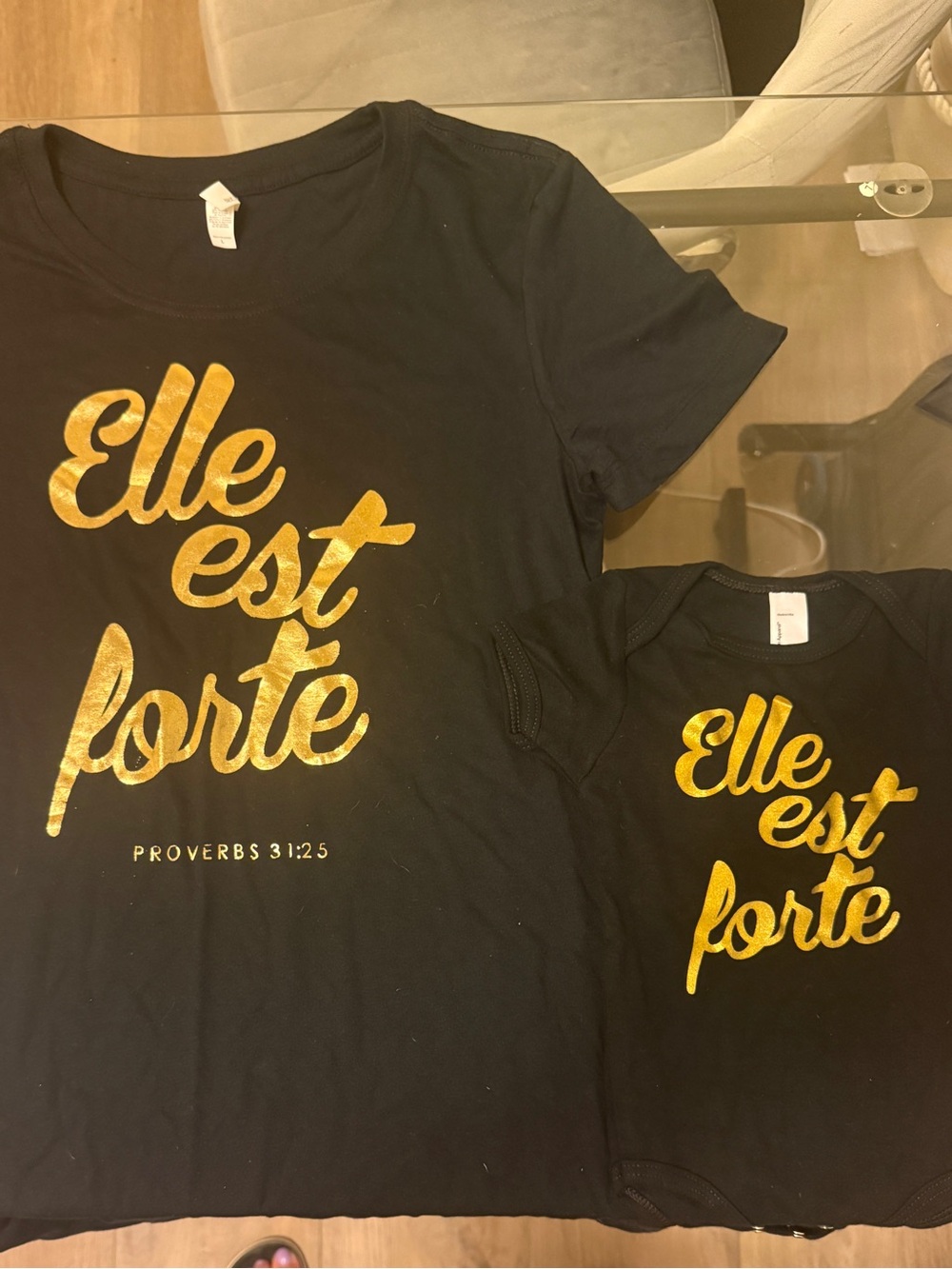 Mom & Baby set . Women's L & Kids' Black Tee with Gold Script